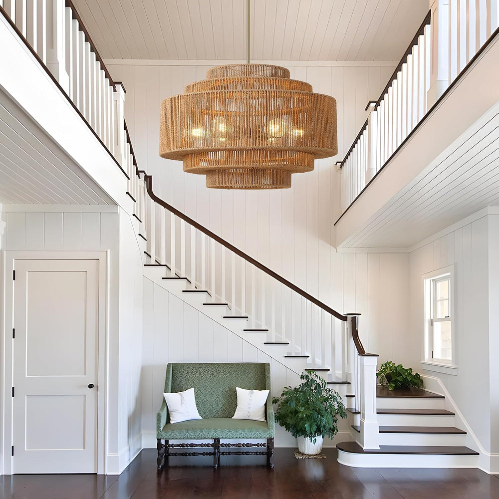25.6" Boho Rattan Chandelier, 6-Light Large Wicker Light Fixture