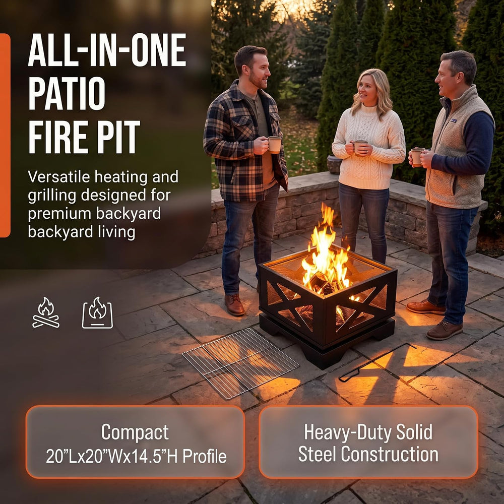 Kingson 20" Square Outdoor Fire Pit with X-Frame Mesh Design, Portable 2...