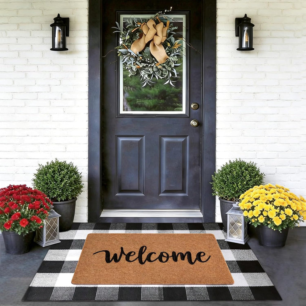 2-Piece Front Door Mat Set, Coir Welcome Mat & Black White Plaid Mat