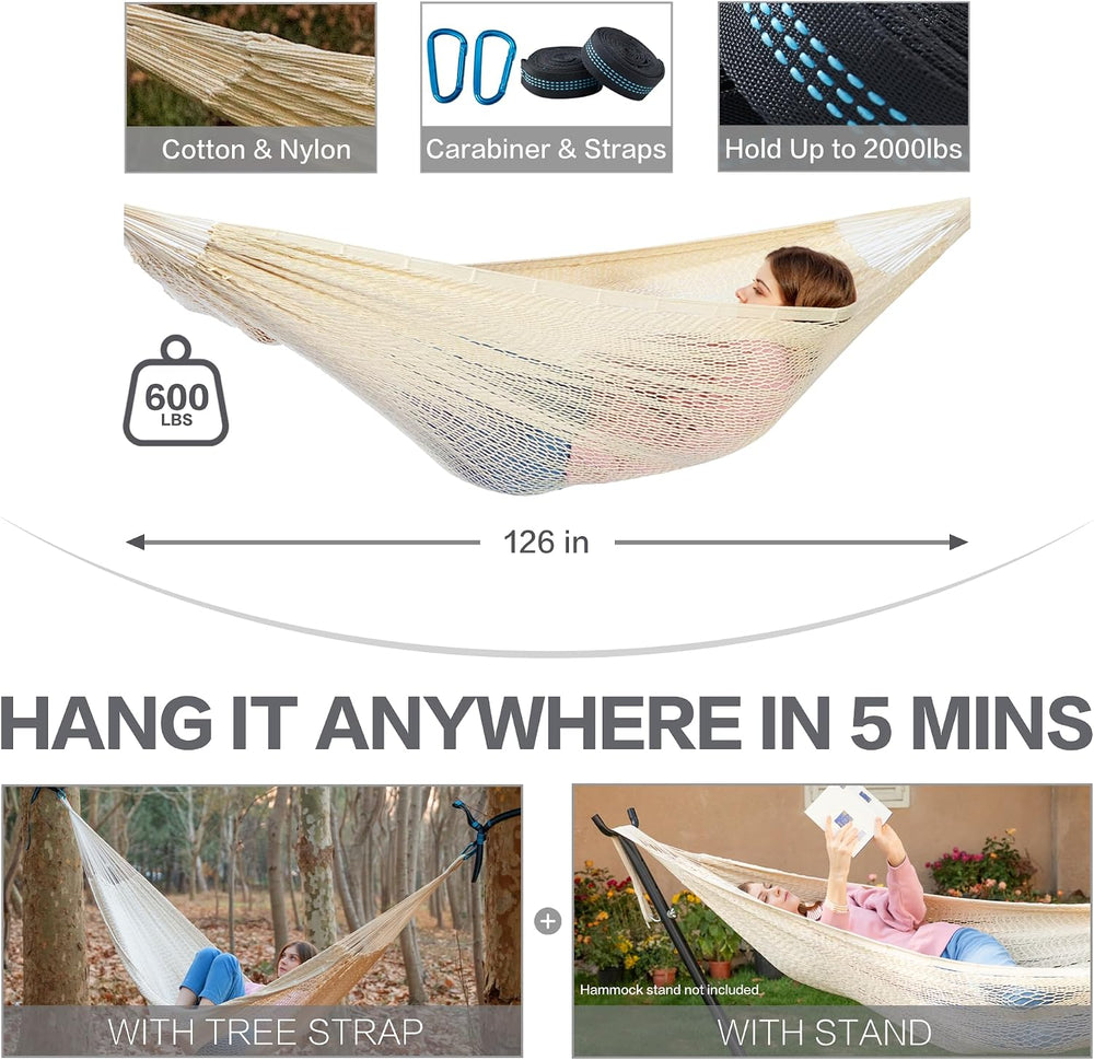 PNAEUT Handwoven Rope Mayan Hammock for Outside, 600 lbs Capacity