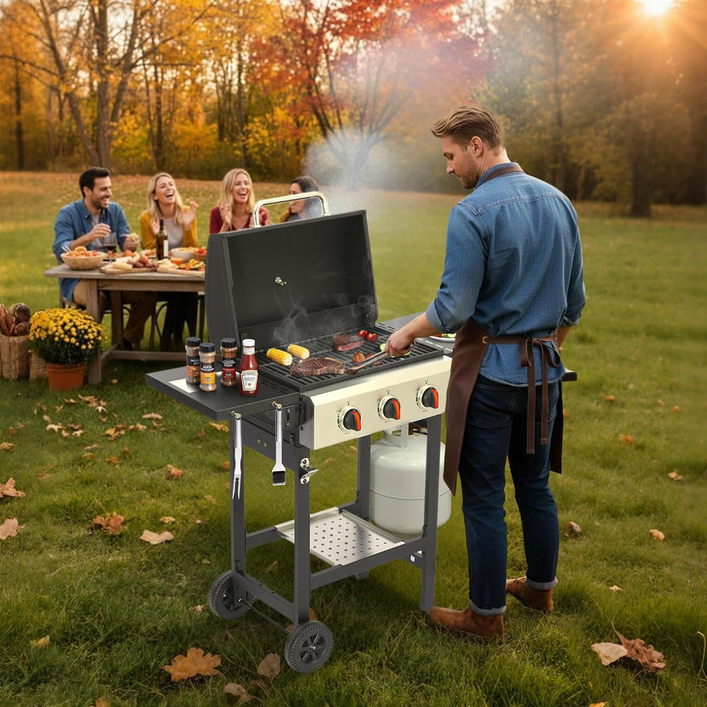 3-Burner Propane Gas Grill with Cast Iron Grates, 38200 BTU output,Foldable S...