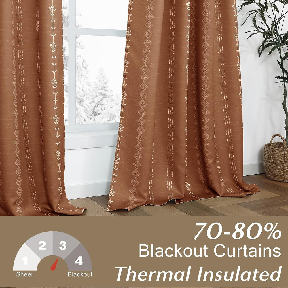 Vintage Floral Blackout Curtains 96 Inch Long, Burnt Orange Mid Century Moder...