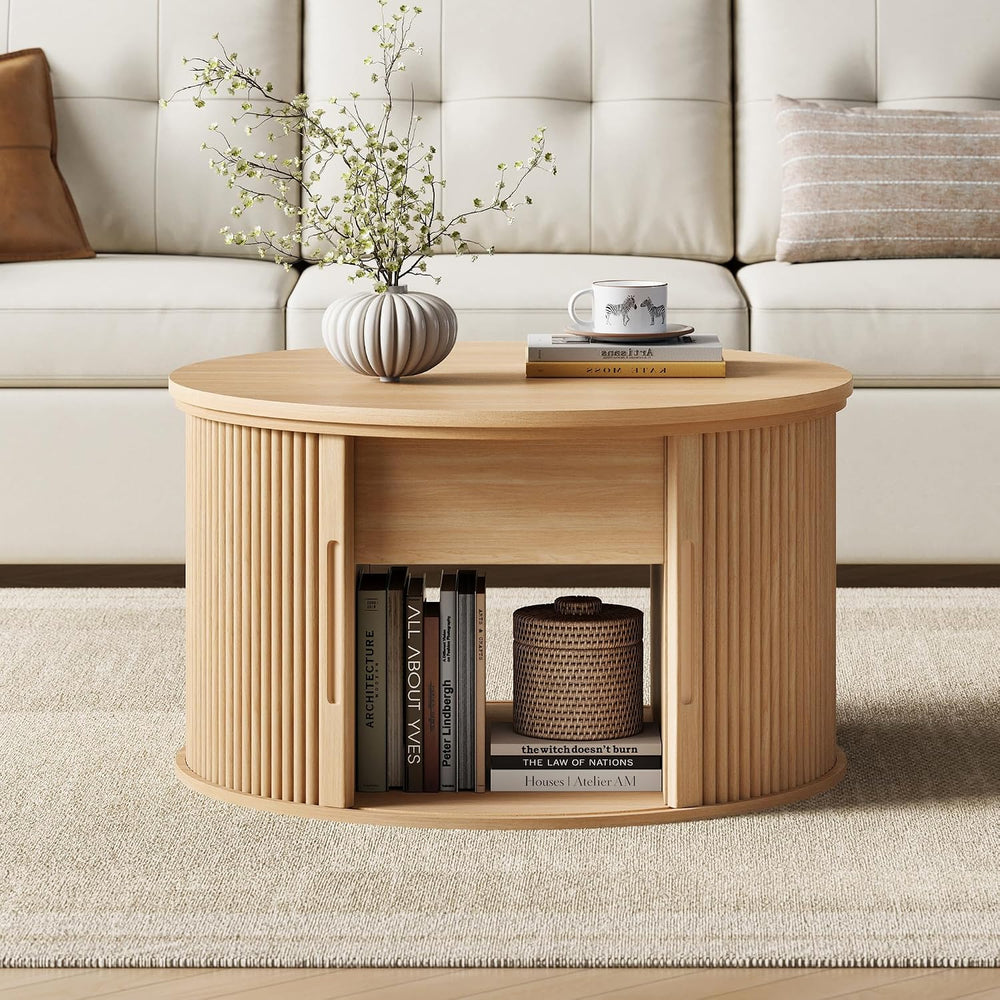 LINSY Lift Top Coffee Table, Round Fluted Coffee Table with Storage, Boho Woo...