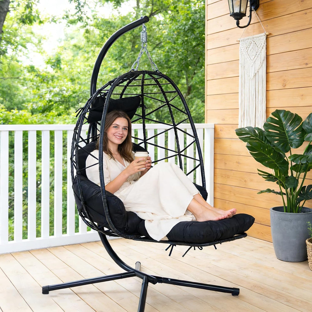 Hanging Egg Chair with Footrest & Stand, Wicker Rattan Swing Hammock Chai...