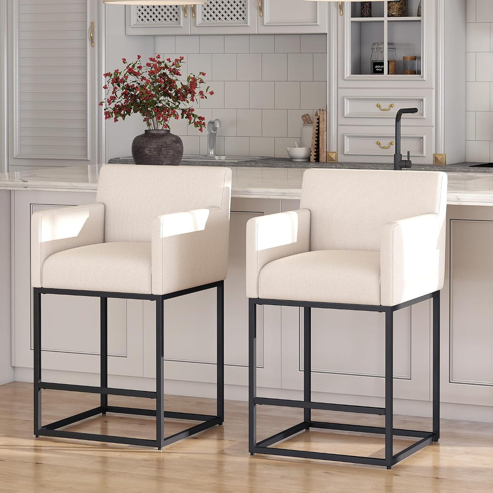 HNY Modern Counter Height Bar Stools Set of 2, 26 Inch Cream Linen Barstool