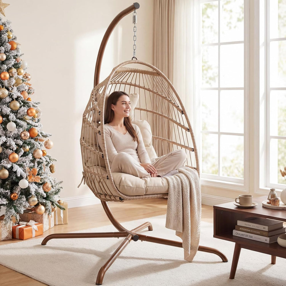 NICESOUL Cozy Hanging Egg Chair with Stand Indoor Outdoor, Wicker Patio Baske...