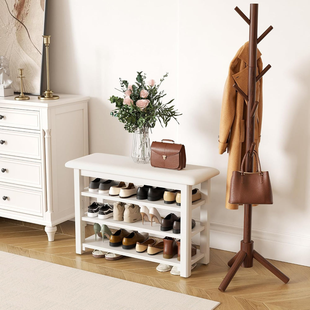 Shoe Rack Bench with Leather Cushion 3-Tier Shoe Rack Organizer for Entryway ...