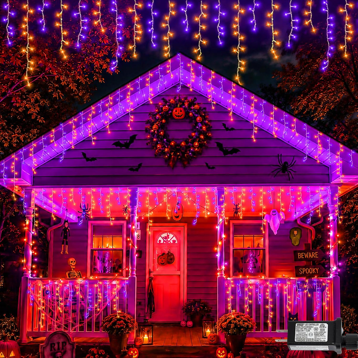 YEGUO 33ft 400 LED Orange and Purple Icicle Halloween Lights, 80 Drops Icicle Lights Connectable, 8 Modes Icicle Christmas Light with Memory Timer