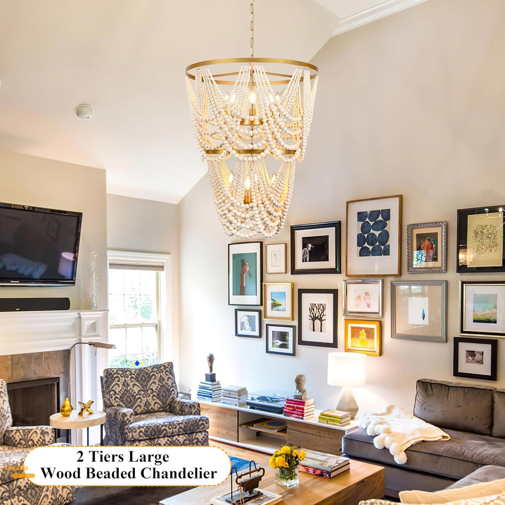12-Light 25.6" Boho Wood Beaded Chandelier for Living Room, H88 Adjustab...