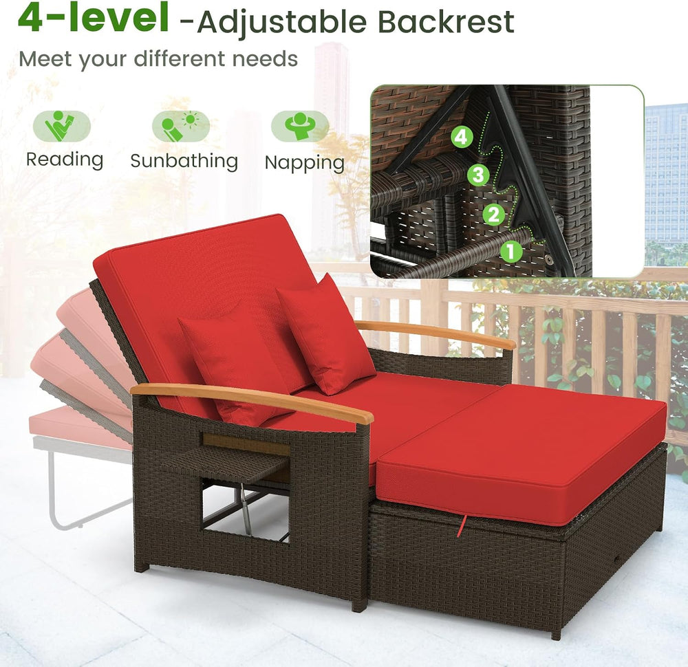 Tangkula Patio Rattan Daybed, Outdoor Wicker Loveseat, Mix Brown & Red