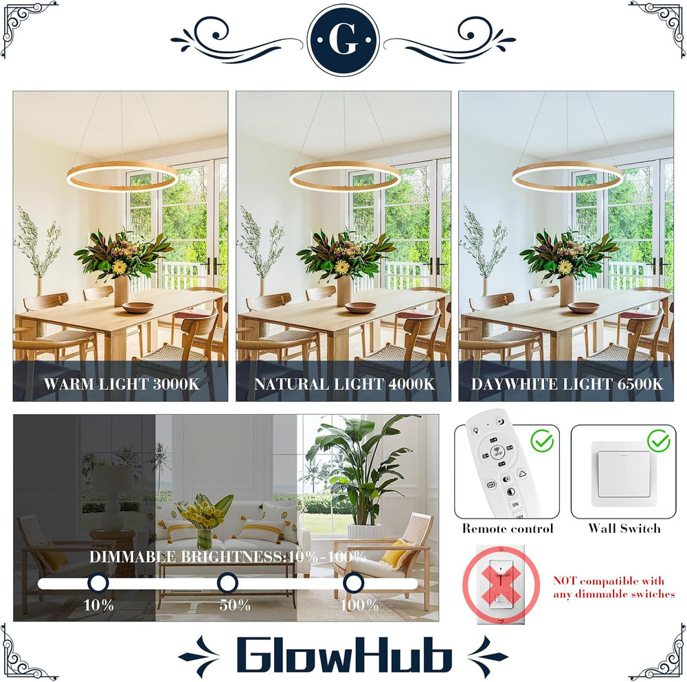 Ring Chandelier LED Wood Grain Round Chandeliers Modern Farmhouse Pendant Lig...