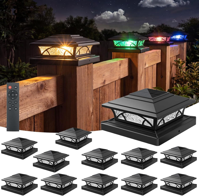 APONUO Solar Post Cap Lights Outdoor RGB Color Changing with Remote, Fits 4x4 5x5 Vinyl & 4x4 6x6 Wood Posts, IP65 Waterproof Fence Post Solar Lights for Deck Patio Yard (12 Pack Black)