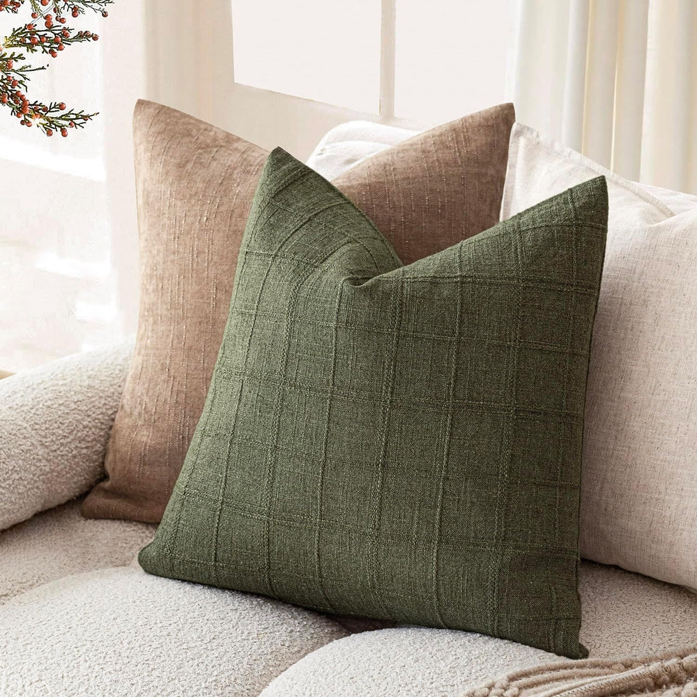 Foindtower Boho Linen Check Decorative Throw Pillow Cover 26×26 Olive Green