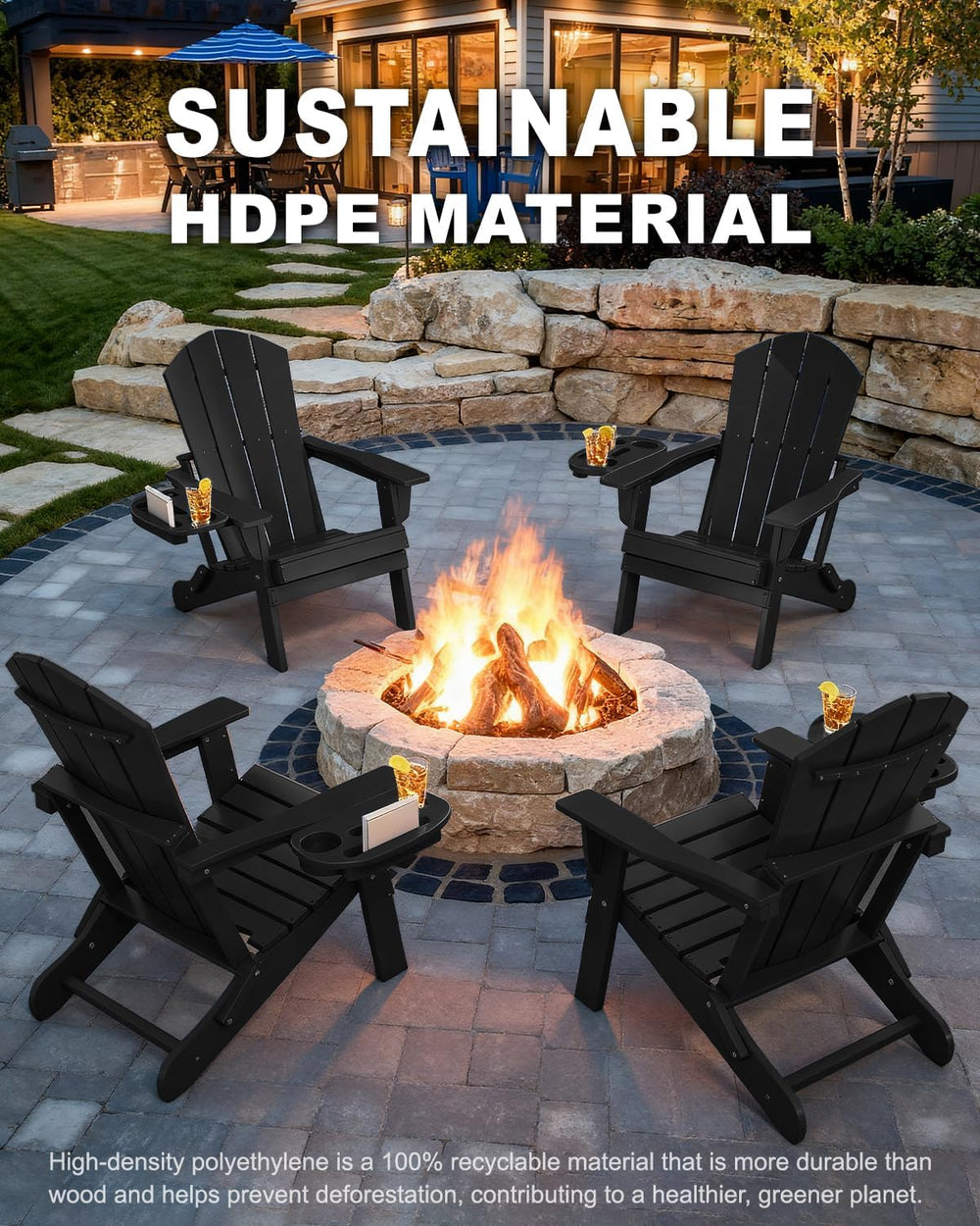 NAVINE Folding Adirondack Chairs with 4-in-1 Cup Holder for Fire Pit, Black