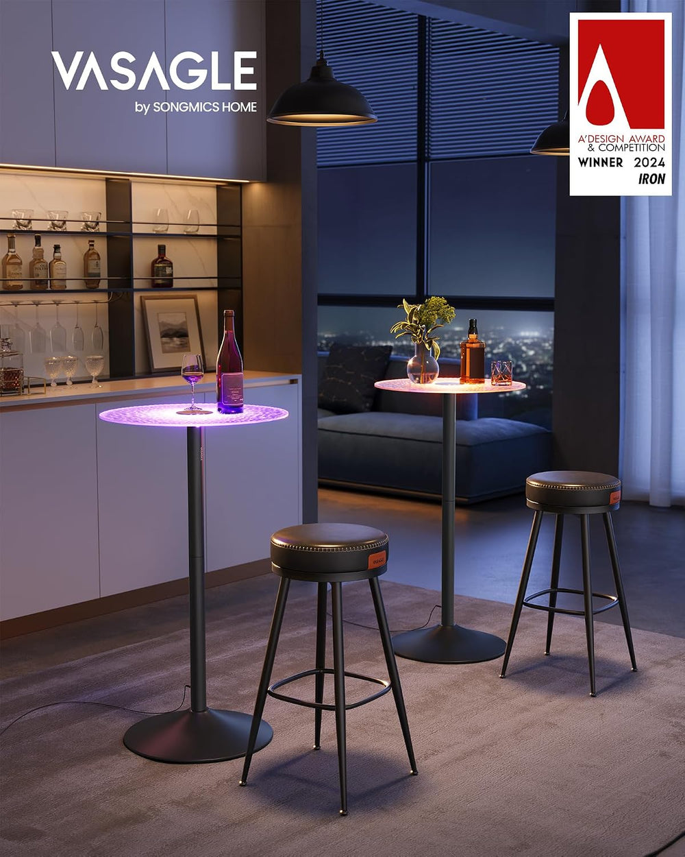 VASAGLE Round Bar Table with Multi-Colored Lights and Glass Top