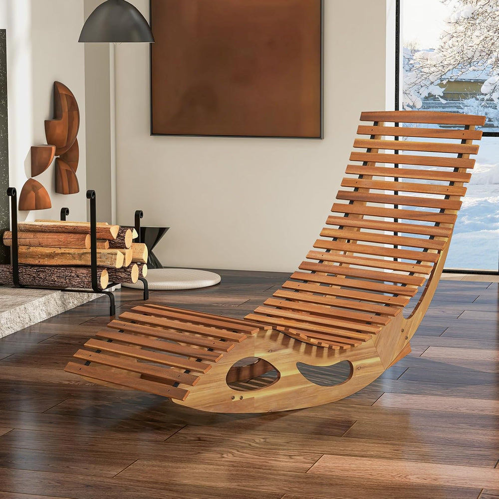 HAPPYGRILL Outdoor Acacia Wood Chaise Lounge, Rocking Chair with High Back, S...