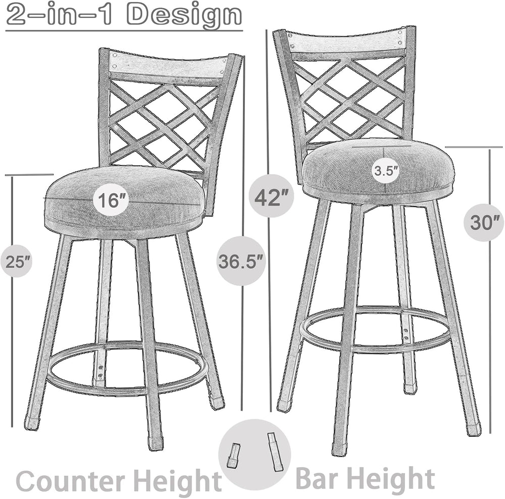 KORZEY Swivel Bar Stools Set of 2, 25/30 Inch Adjustable Beige Fabric Bar Cha...