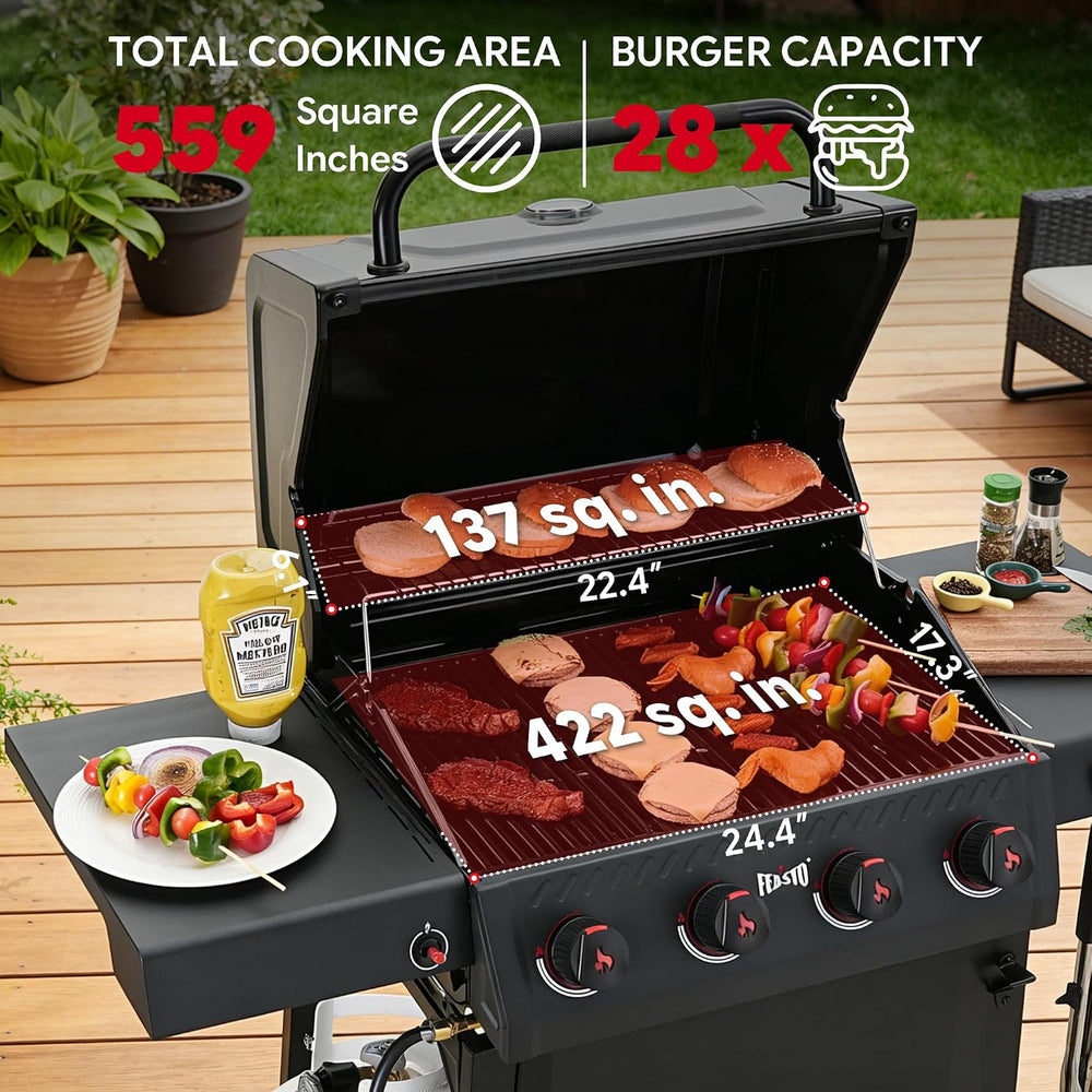 Feasto 4-Burner Propane Grill with Ceramic Burner Chamber, Black