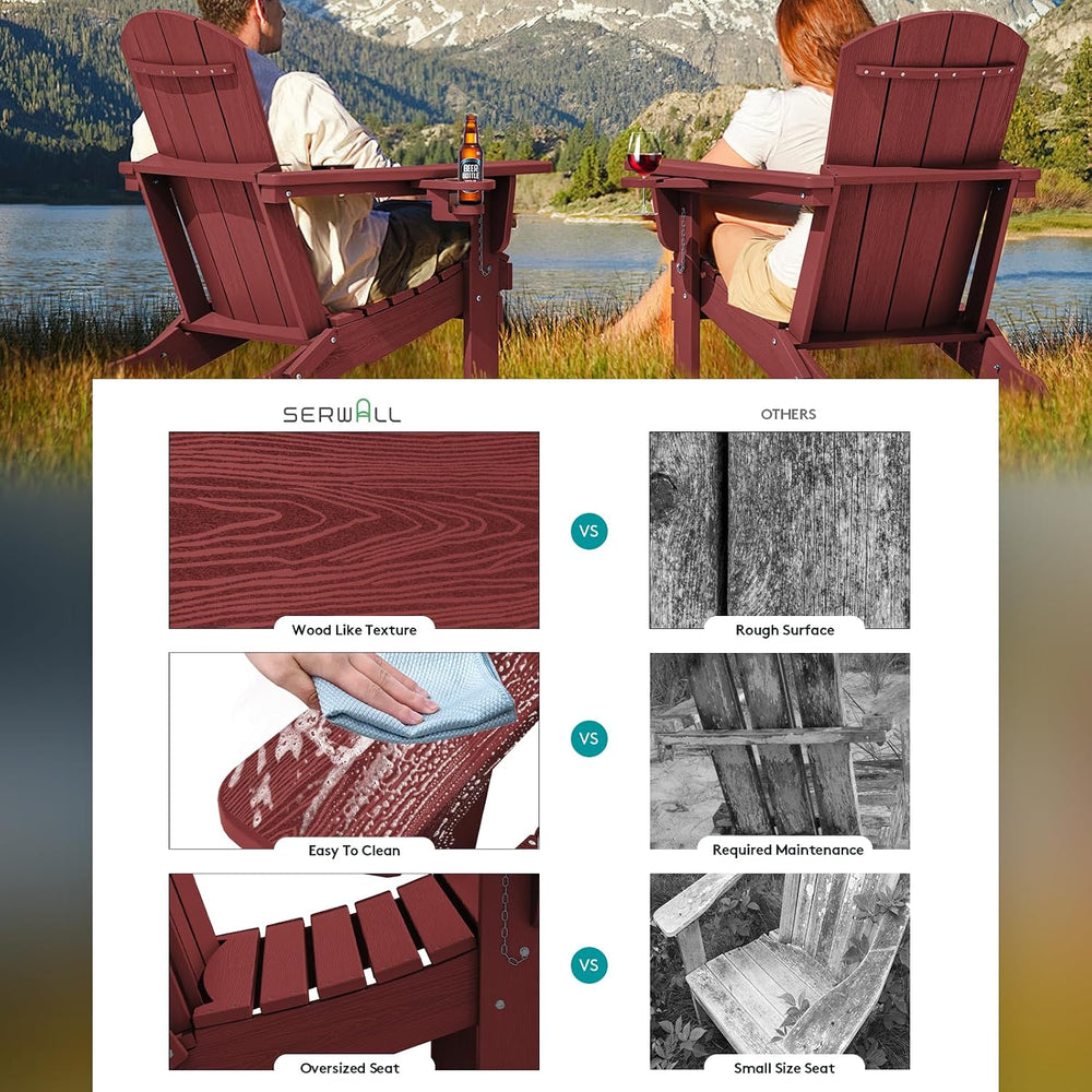 SERWALL Outdoor Adirondack Chairs with 2 Cup Holders,Foldable,Red