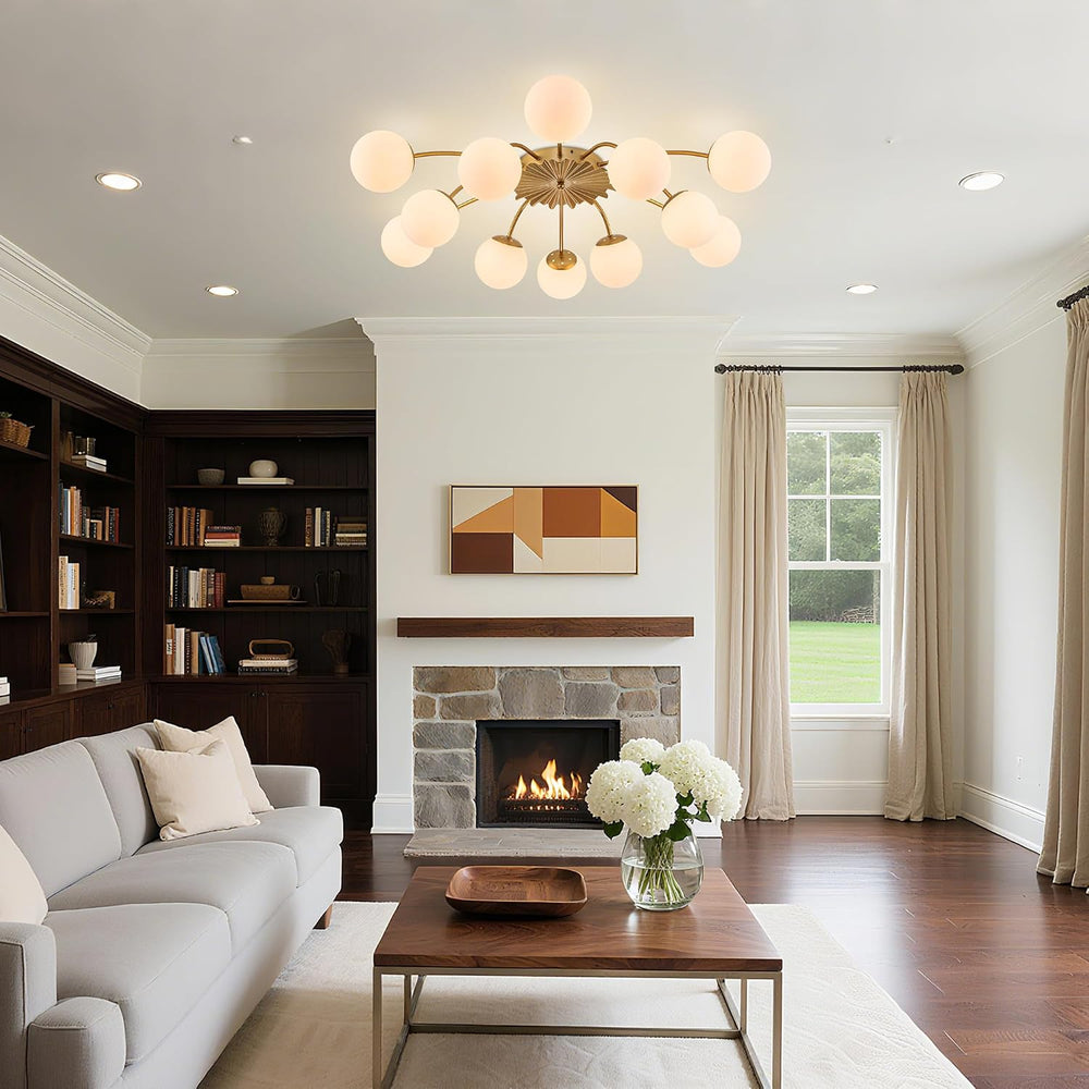 12-Light Large Bubble Ceiling Light with Milk Glass Globe Lampshade, Gold