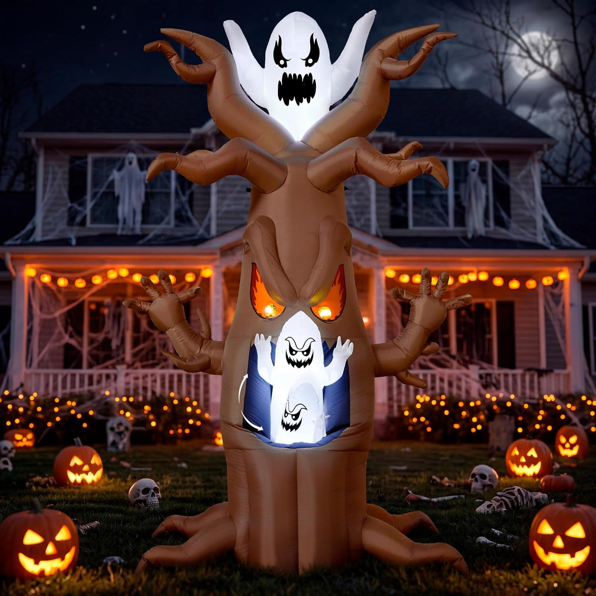 Joiedomi 7 Ft Halloween Inflatables Tree Decorations Outdoor Blow Up Yard Decor Animatronics Ghost in Tree with Built-in LEDs Halloween Inflatable Ghost Decoration Blow Up Party Decor Supplies