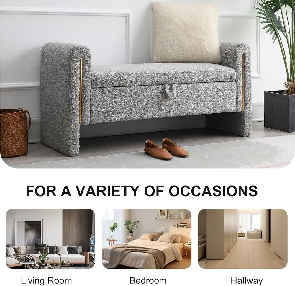 NIOIIKIT 52" Storage Ottoman Bench, Teddy Upholstered Storage Bench with...