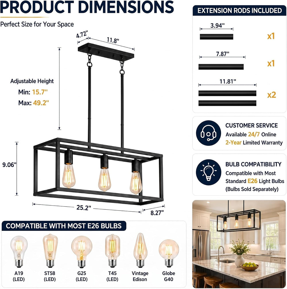 Black Kitchen Island Lighting, Modern Linear Cage Retangular Chandelier, 3 Li...