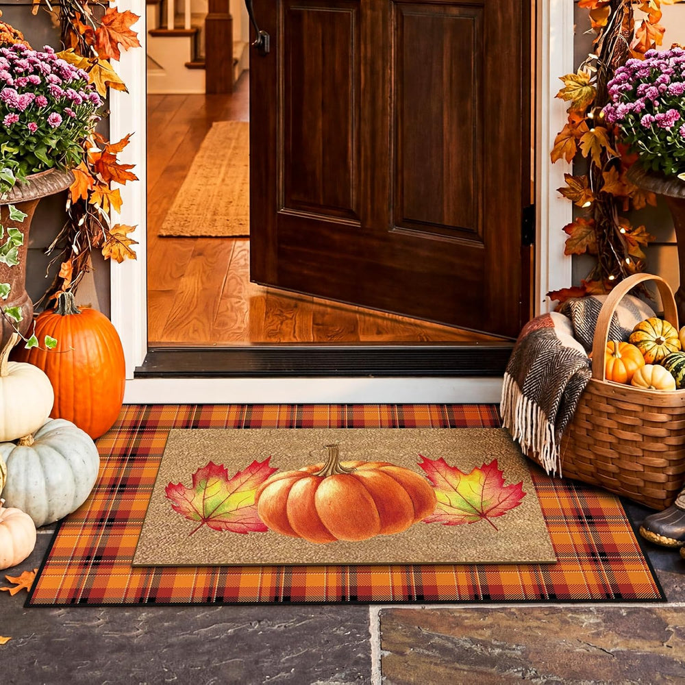 Fourluoo 2 Pcs Fall Door Mat Set Buffalo Plaid Pumpkin Decor