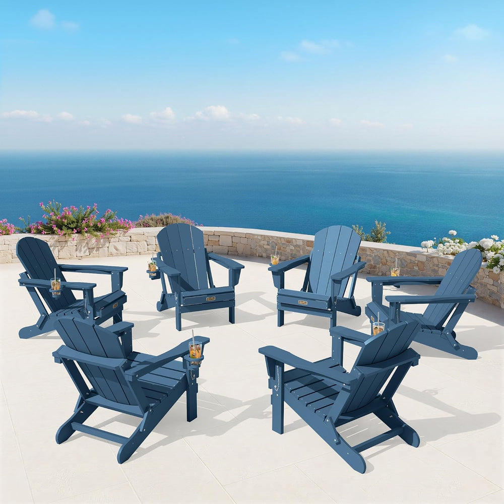 SERWALL Folding Adirondack Chairs with Cup Holder, Outdoor Fire Pit - Blue