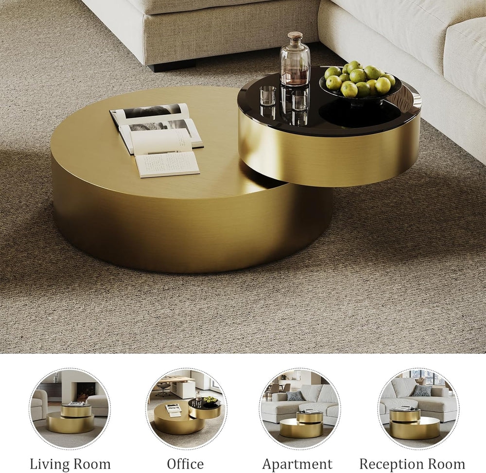 Brass Round Rotatable Top Coffee Table, 2 Tier Circle Coffee Table with 360° ...