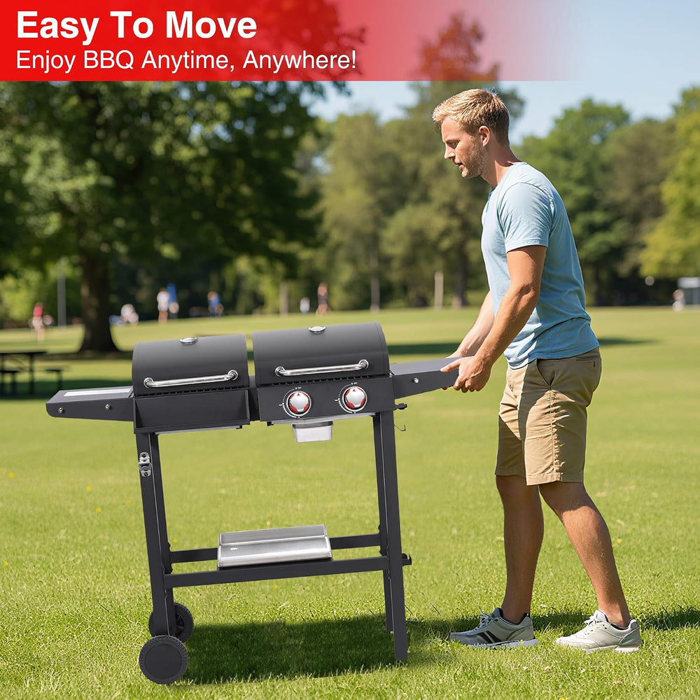 2-Burner Gas & Charcoal Combo Grill with Griddle, Black