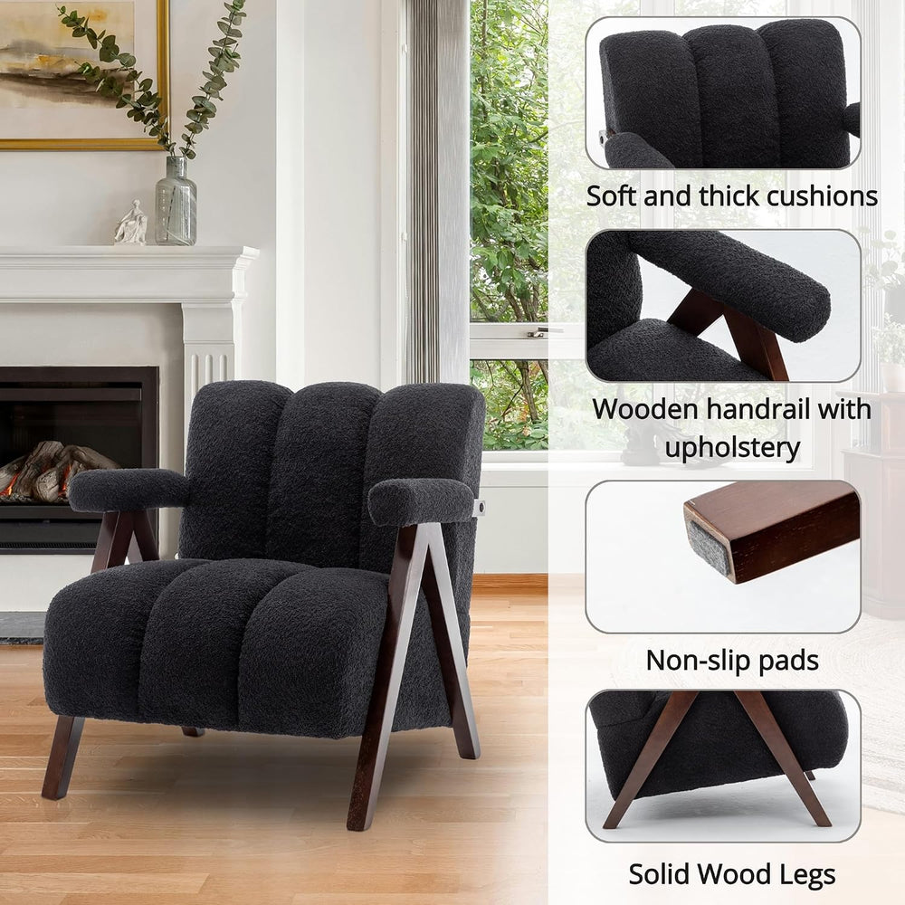 Mid Century Modern Accent Chair with Solid Wood Frame, Boucle Upholstered Liv...