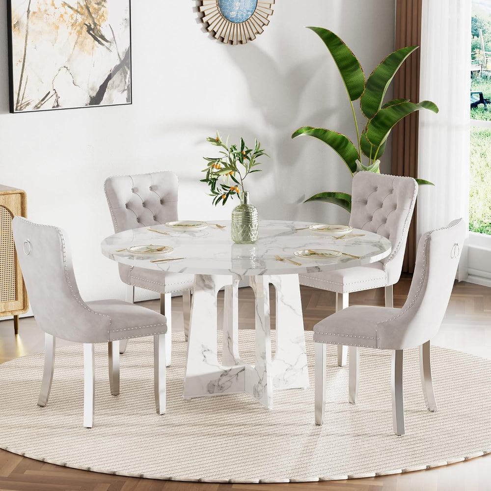 47" Round Farmhouse Dining Table Set for 4, Circle White Faux Marble Kit...