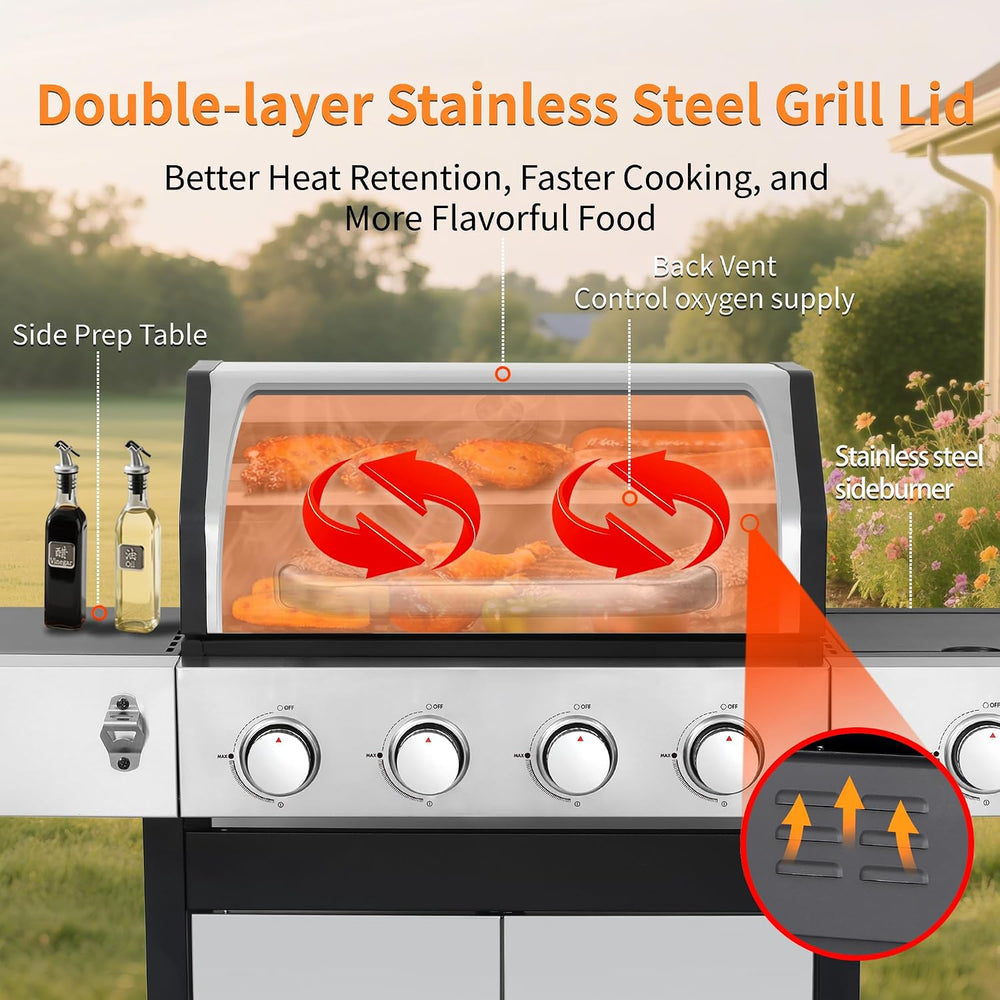 49000 BTU Propane Gas Grill, 4 Burner + Side Burner, Cast Iron Grids
