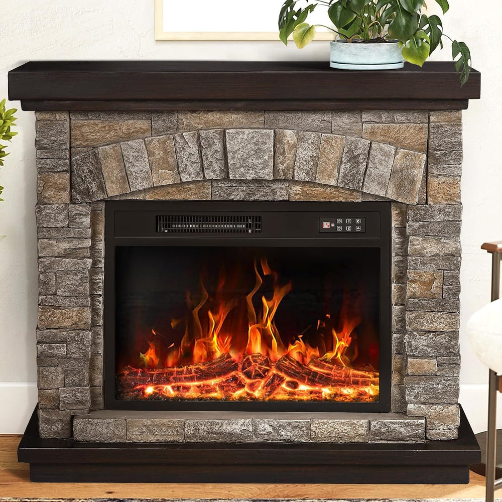 PUKAMI 36 inch Electric Fireplace with Mantel, Realistic Stone Finish Freesta...