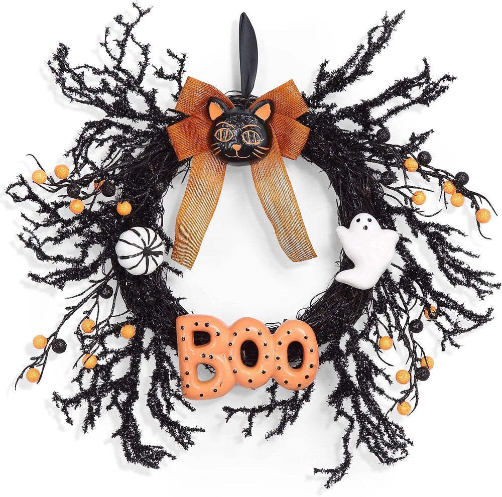 Halloween Wreaths for Front Door, 18Inch Halloween Wreath with Black Cat Boo ...