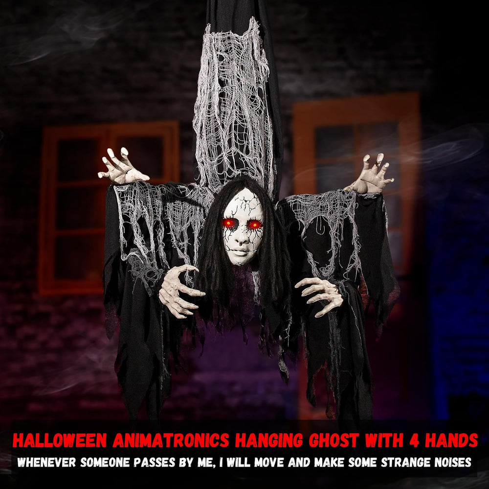 Halloween Animatronics Decorations Hanging Ghost with 4 Hands, 67'' A...