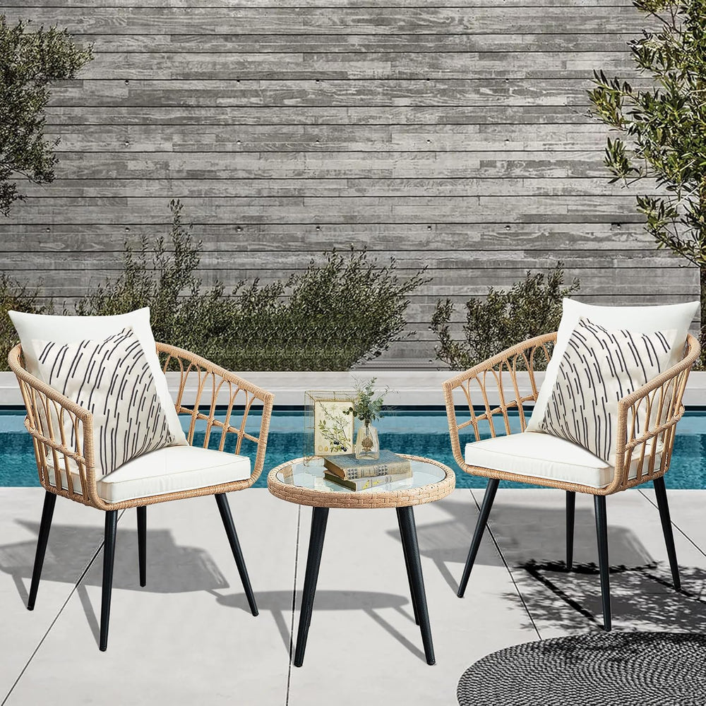 PORWEY 3 Piece Patio Bistro Set, Outdoor Wicker Balcony Furniture Sets