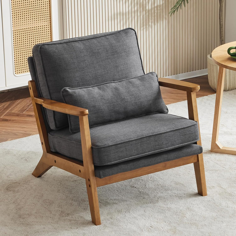 VINGLI Solid Wood Wide Armrests Accent Chair,Upholstered Mid Century Modern C...