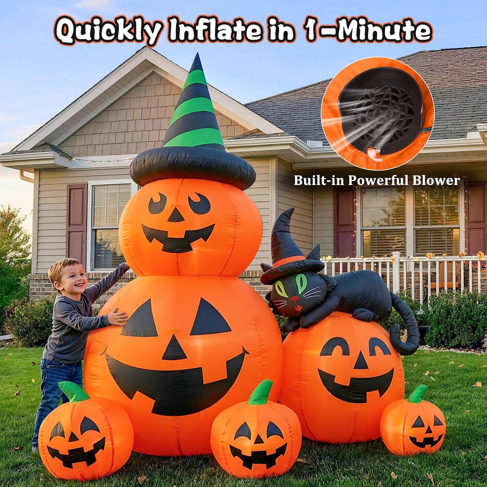 6 FT Halloween Inflatable Pumpkins with Witch’s Black Cat, Spooky Blow up Out...