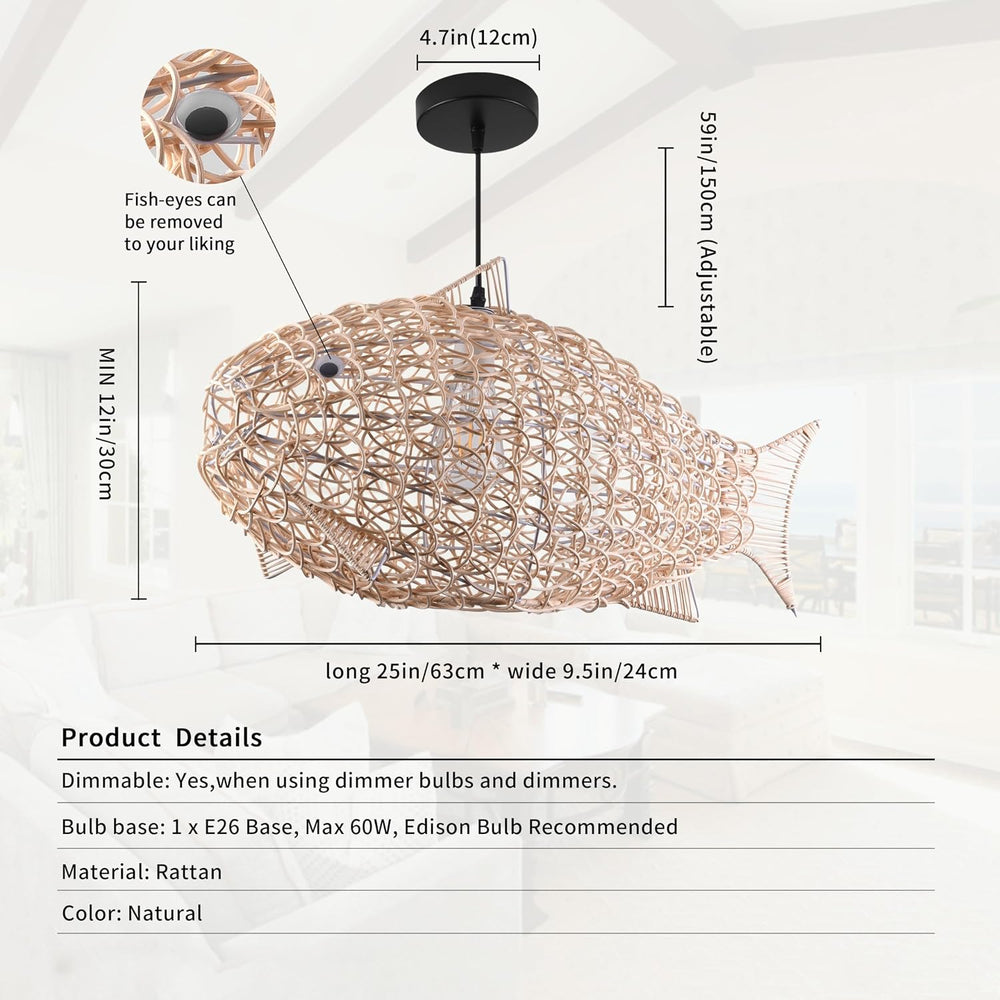 24 inch Fish-Shaped Rattan Woven Pendant Light Boho Chandelier Rustic Farmhou...