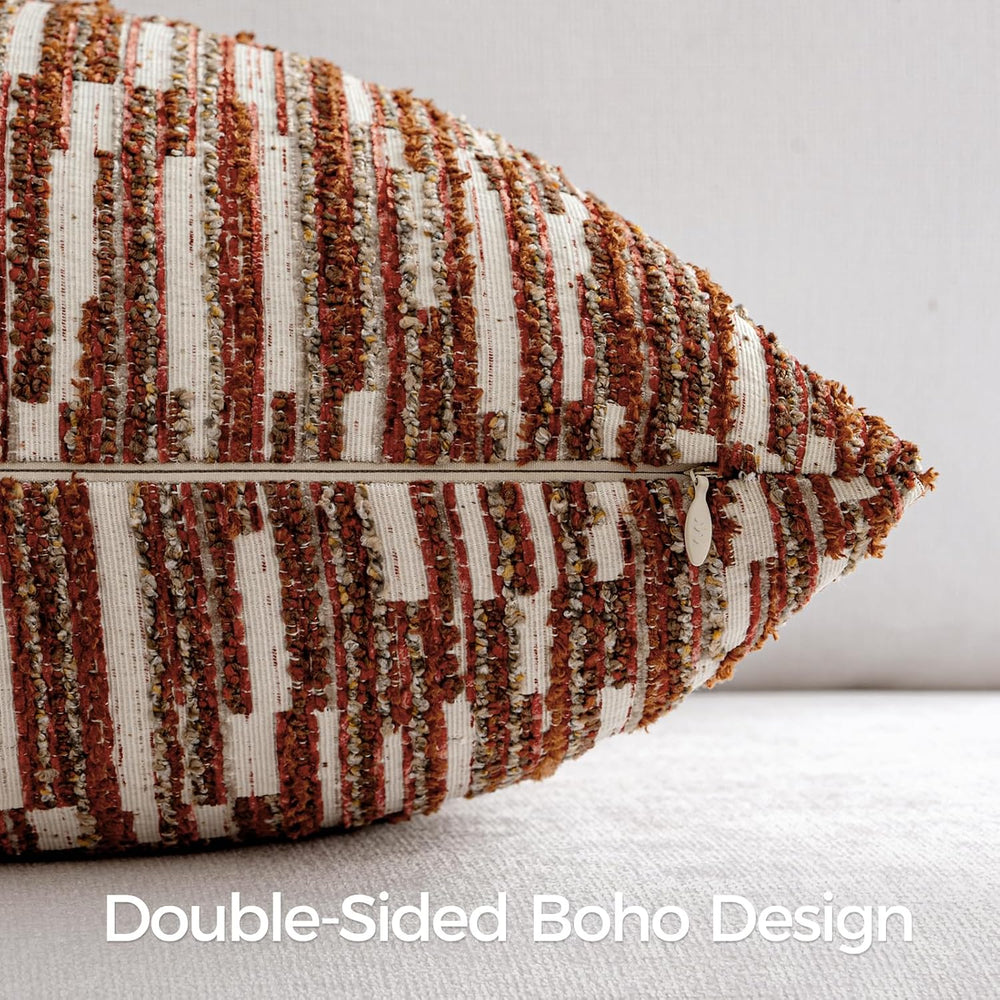 Boho Striped Decorative Throw Pillow Covers 26"X26" Set of 2，Burgundy