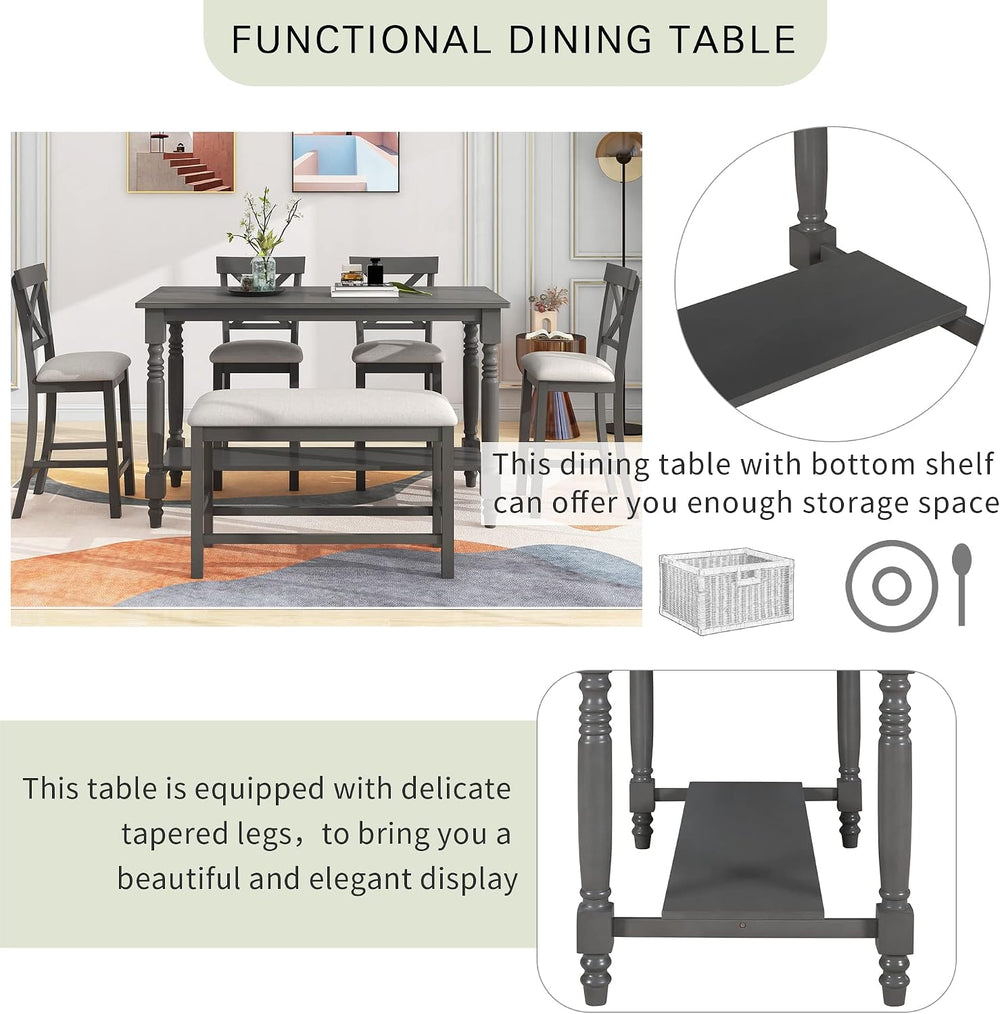 LUMISOL Counter Height Kitchen Table Set with Bench and Chairs for 6 Rustic S...