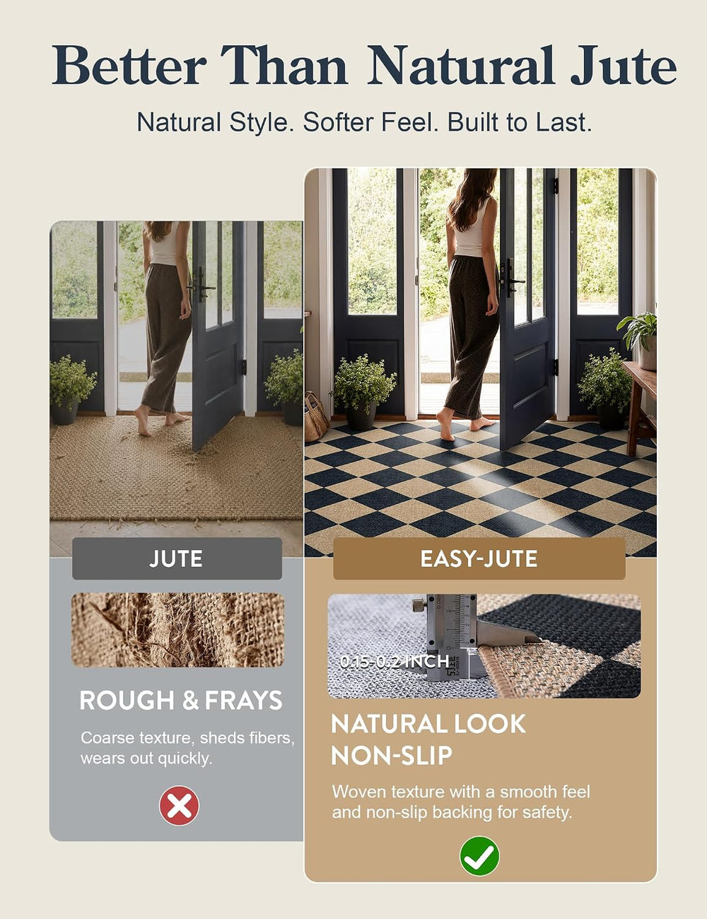 Lahome Checkered Easy Jute 5x7 Area Rugs, Washable Outdoor Patio Rug for Livi...