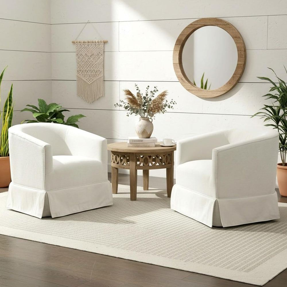 Swivel Accent Chair, Barrel Chair with Skirted Base, White