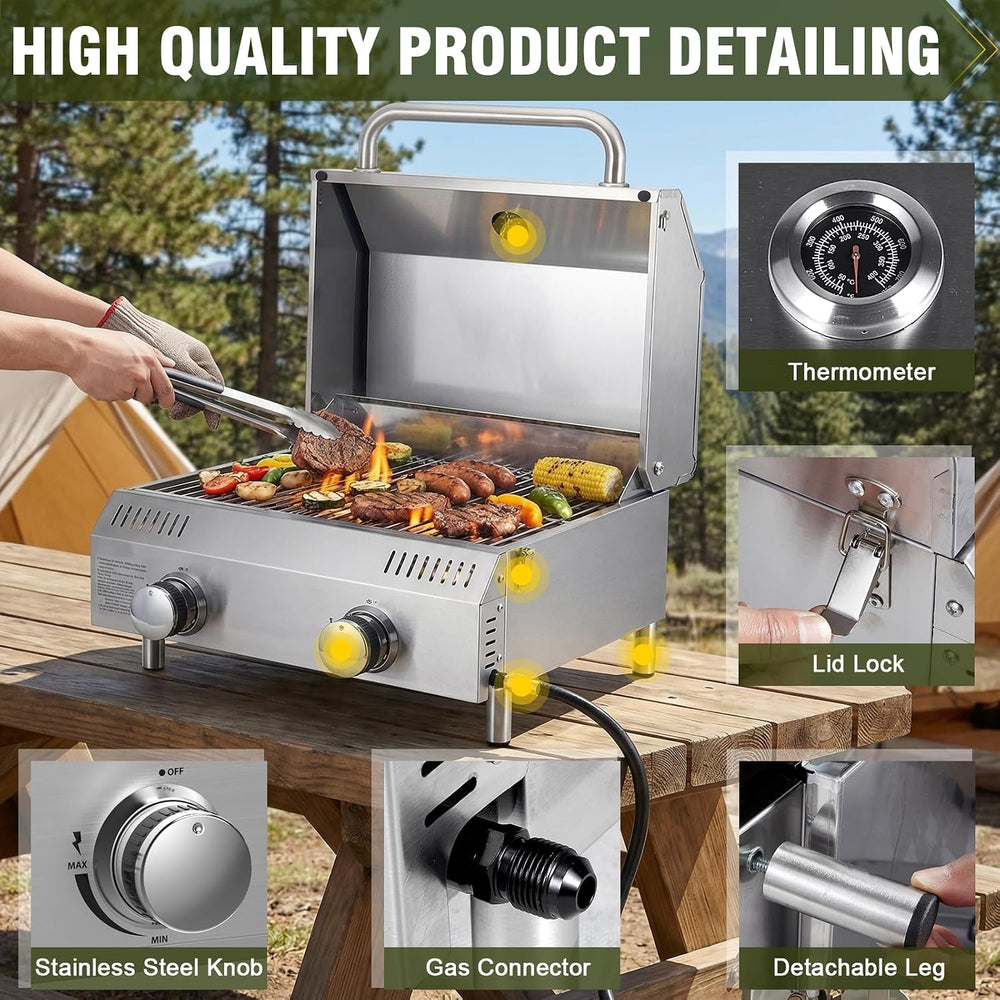 Bestfire Tabletop 2-Burner Gas Grill, 20,000 BTU Stainless Steel Portable Pro...
