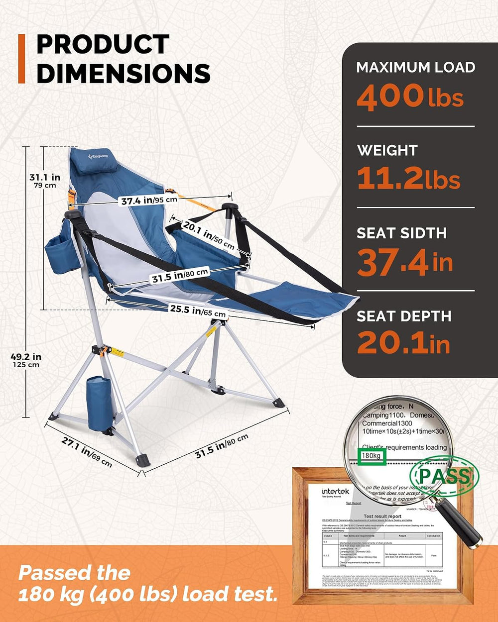 KingCamp Hammock Camping Chair with Footrest & Breathable Mesh Back 400 lbs