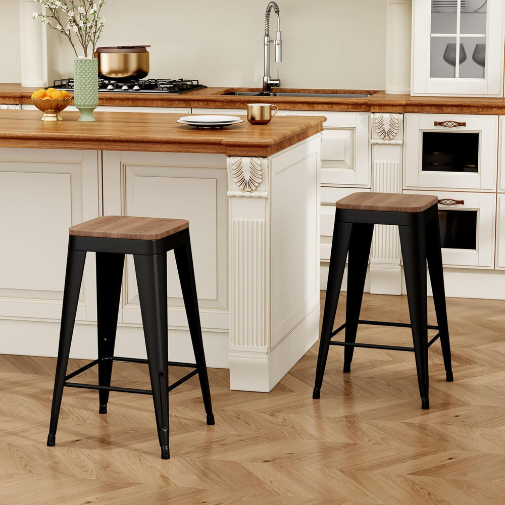 24" Metal Bar Stools Set of 4 Black Counter Height Stools with Wood Seat...
