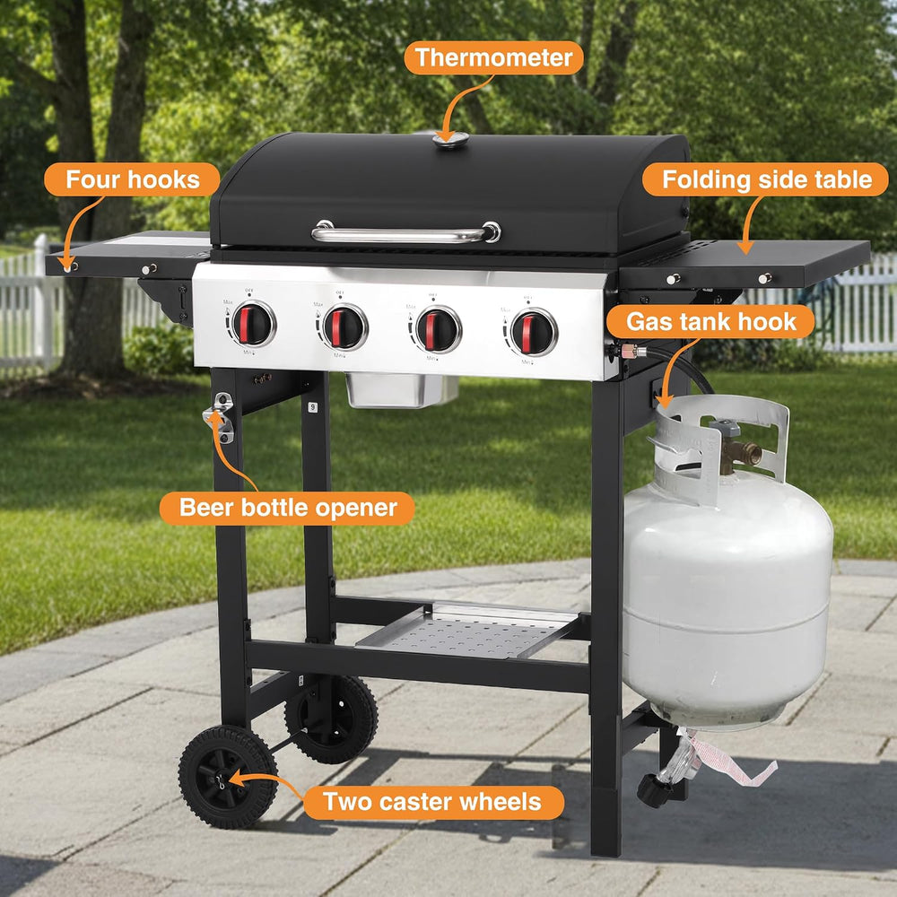 4 Burner Propane Gas Grill, Portable BBQ Grill with Cast Iron Grate & Gri...