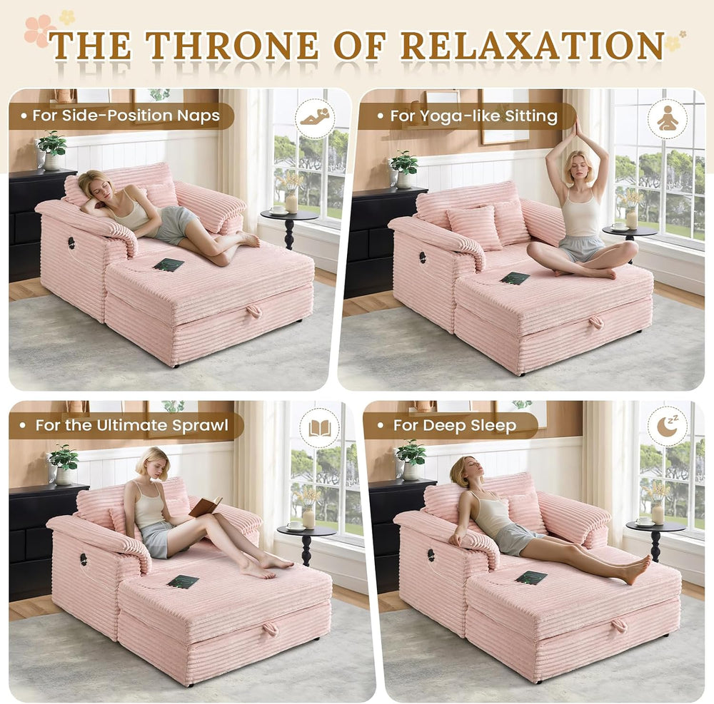 Deolme Oversized Chaise Lounge Chair with Storage Ottoman & USB Ports, Fl...